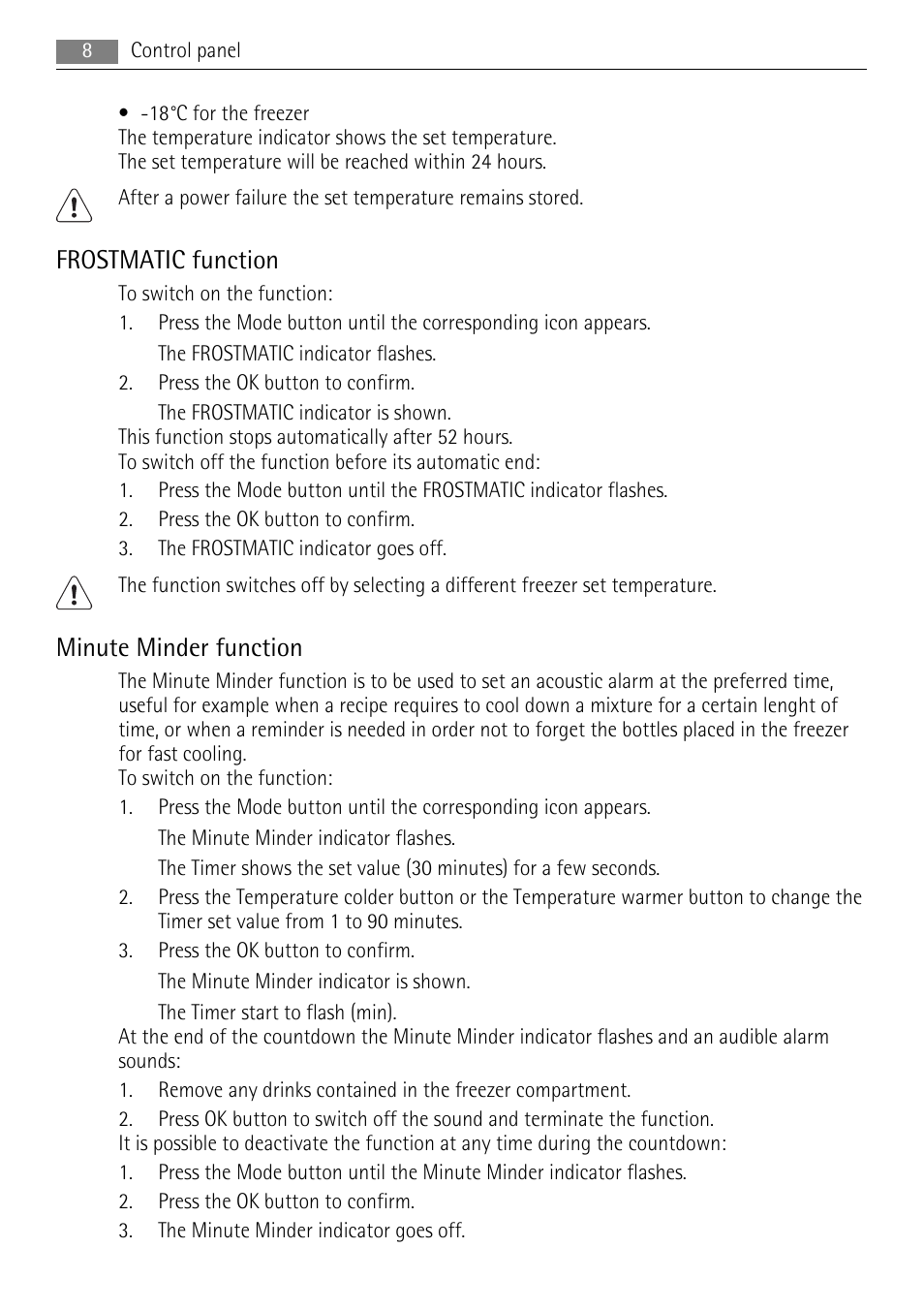 Frostmatic function, Minute minder function | AEG A62900GSX0 User Manual | Page 8 / 24