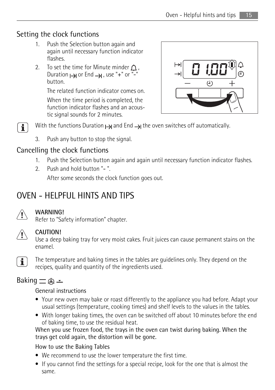 Oven - helpful hints and tips, Setting the clock functions, Cancelling the clock functions | Baking | AEG 41056VH-MN User Manual | Page 15 / 32