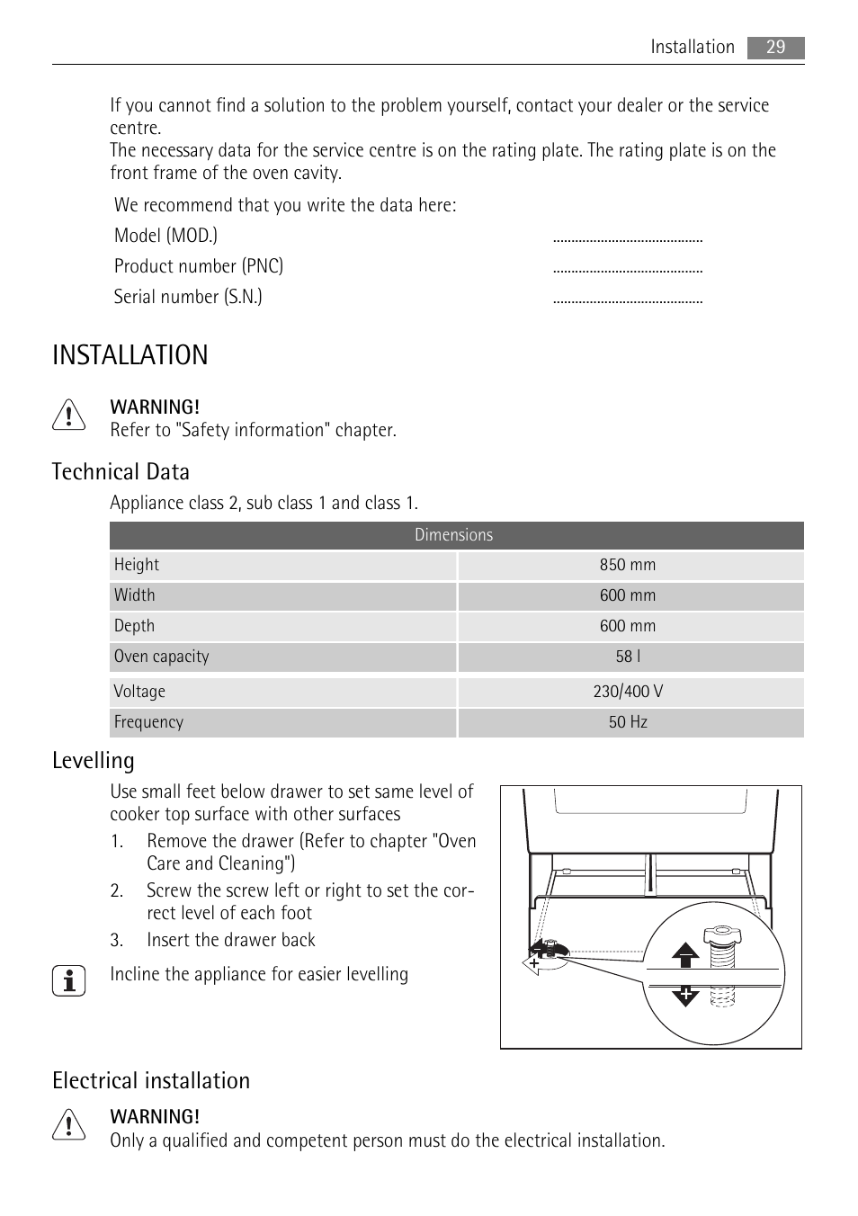Installation, Technical data, Levelling | Electrical installation | AEG 41056VH-MN User Manual | Page 29 / 32