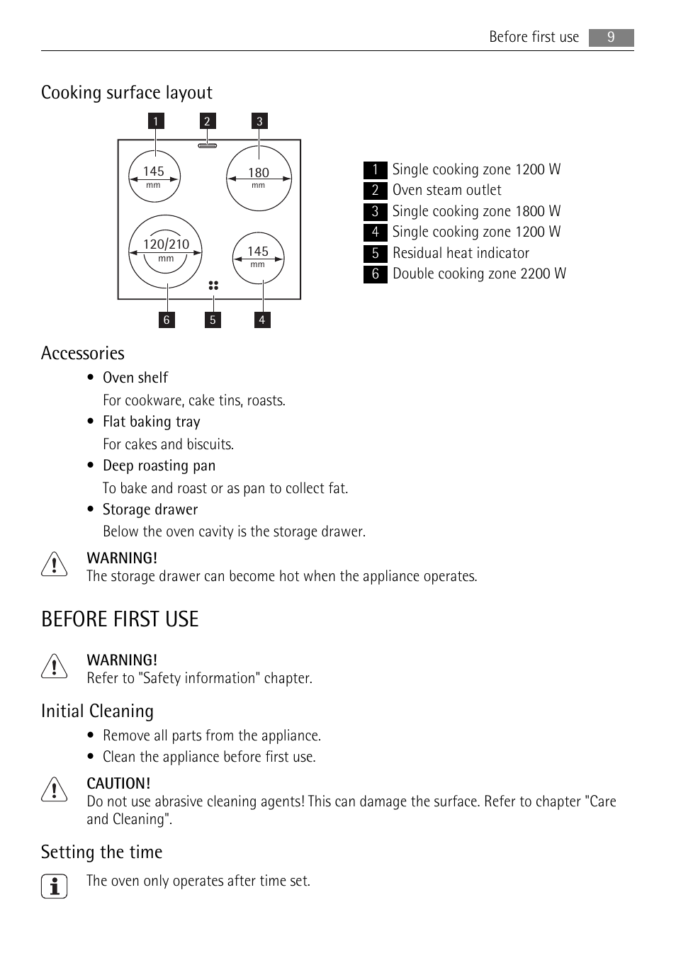 Before first use, Cooking surface layout, Accessories | Initial cleaning, Setting the time | AEG 41056VH-MN User Manual | Page 9 / 32