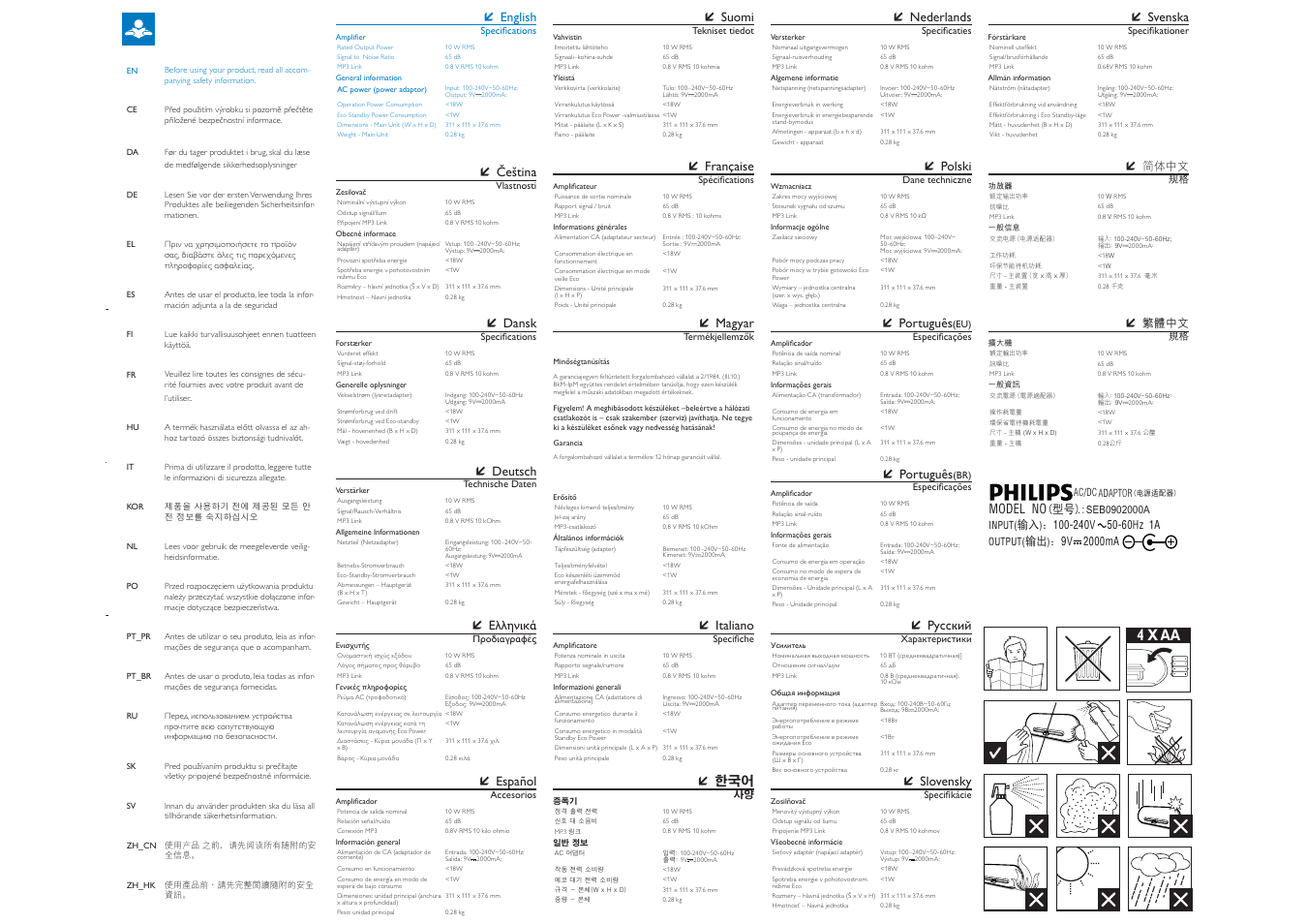 4 x aa, Model no, Čeština | Deutsch, English, Ελληνικά, Slovensky, Русский, Español, Italiano | Philips altavoz base User Manual | Page 2 / 4