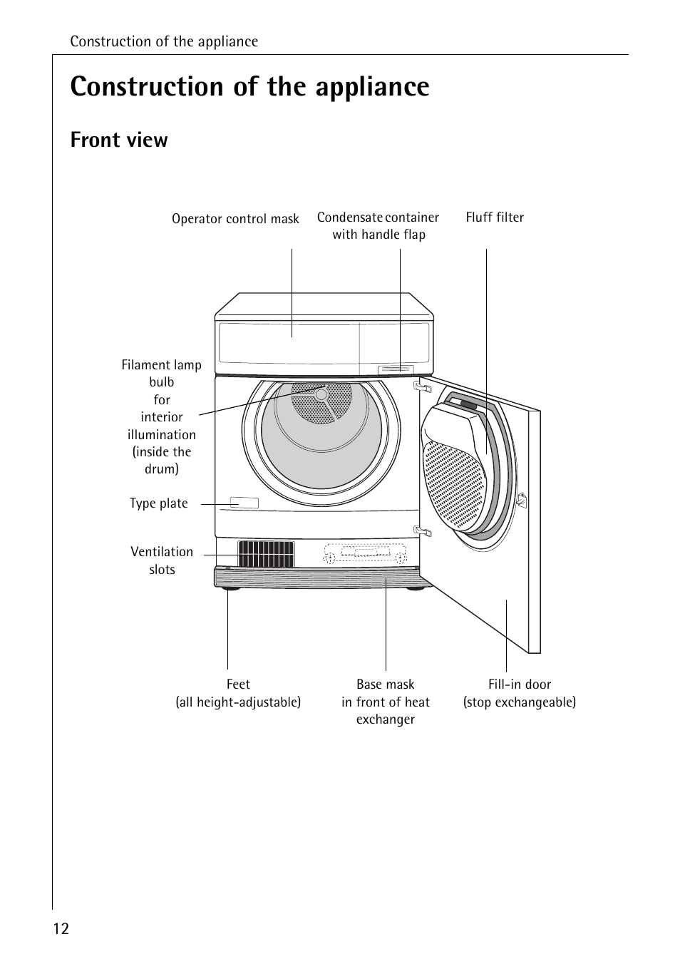 Construction of the appliance, Front view | AEG LAVATHERM 56609 User Manual | Page 12 / 36