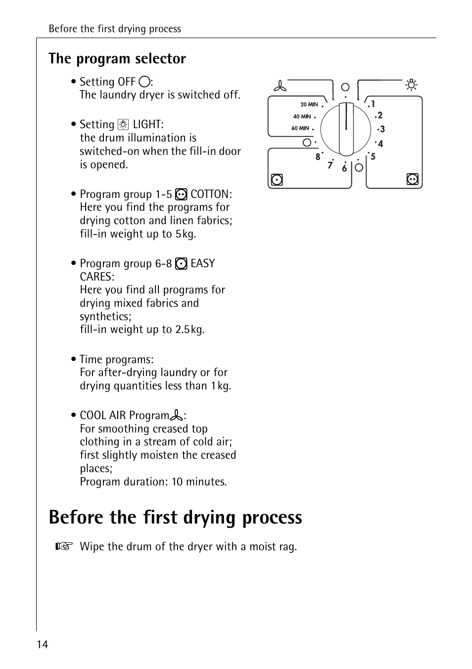 Before the first drying process, The program selector | AEG LAVATHERM 56609 User Manual | Page 14 / 36