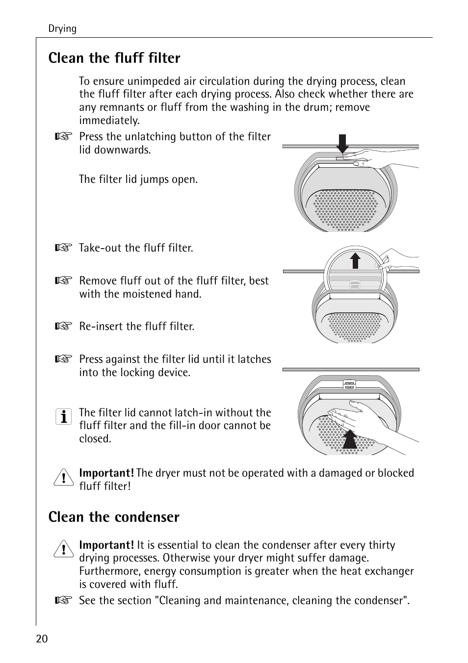 Clean the fluff filter, Clean the condenser 1 | AEG LAVATHERM 56609 User Manual | Page 20 / 36