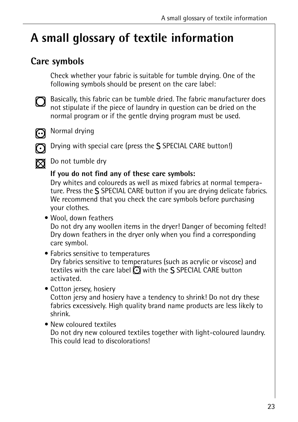 A small glossary of textile information, Care symbols | AEG LAVATHERM 56609 User Manual | Page 23 / 36