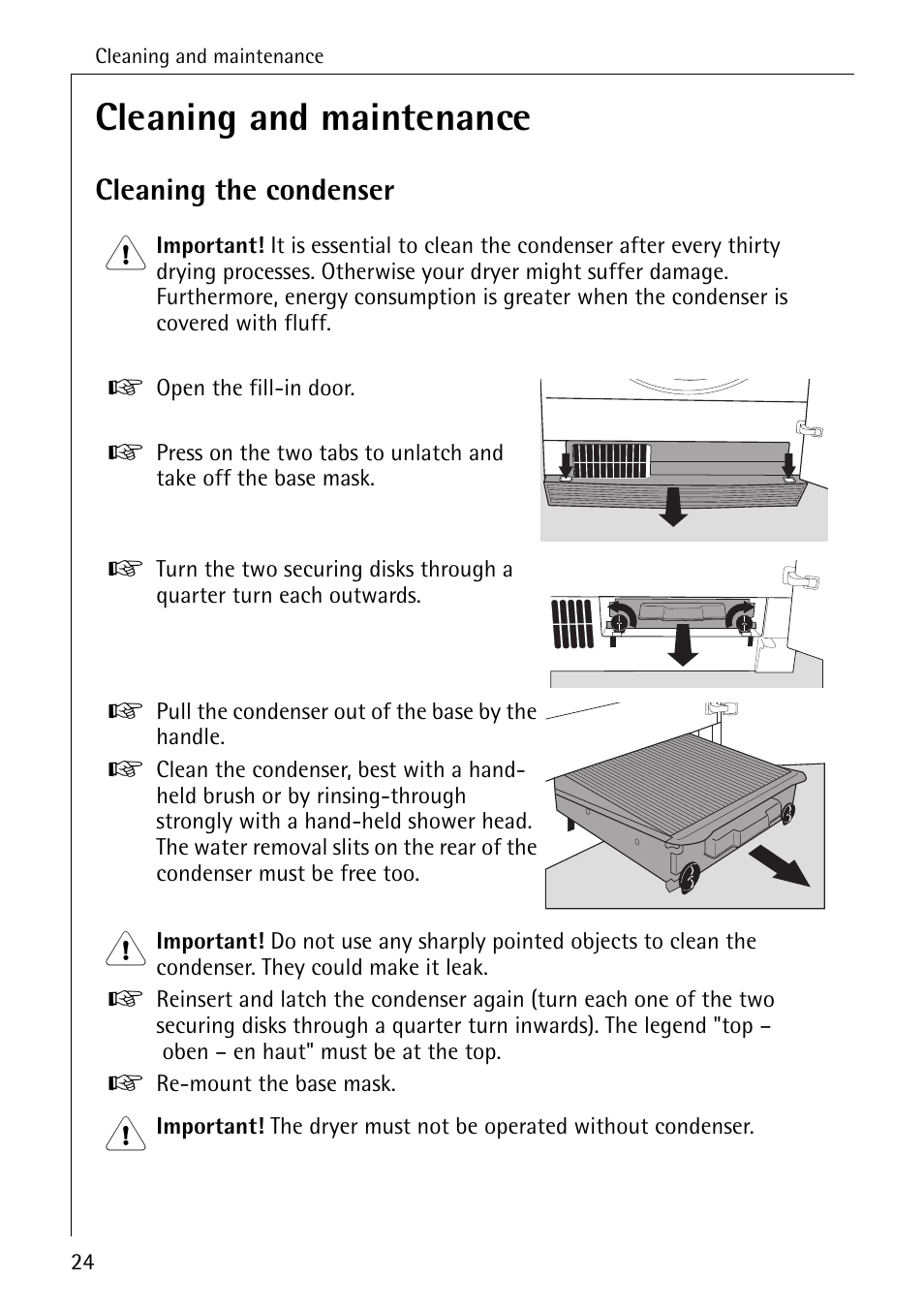 Cleaning and maintenance, Cleaning the condenser 1 | AEG LAVATHERM 56609 User Manual | Page 24 / 36