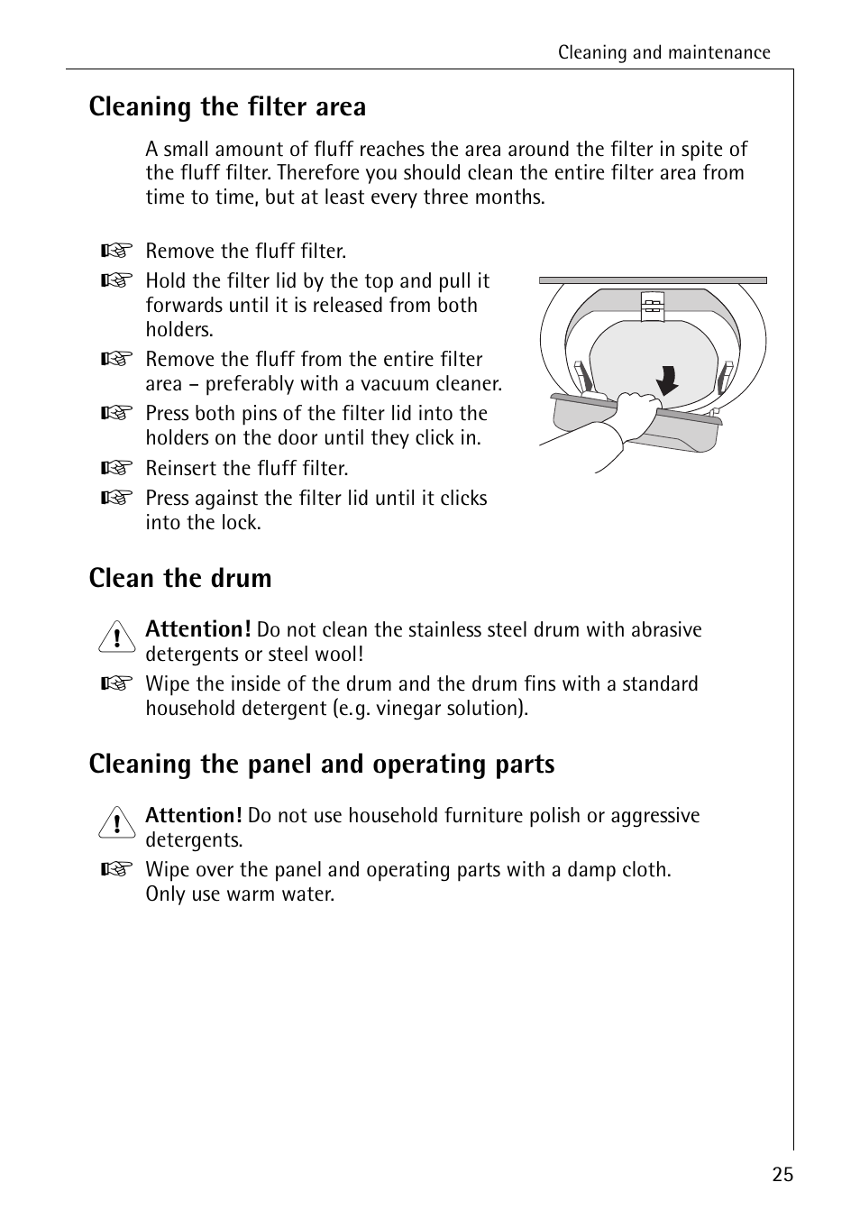 Cleaning the filter area, Clean the drum 1, Cleaning the panel and operating parts 1 | AEG LAVATHERM 56609 User Manual | Page 25 / 36