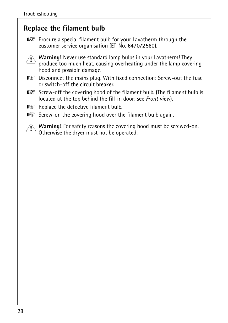 Replace the filament bulb | AEG LAVATHERM 56609 User Manual | Page 28 / 36