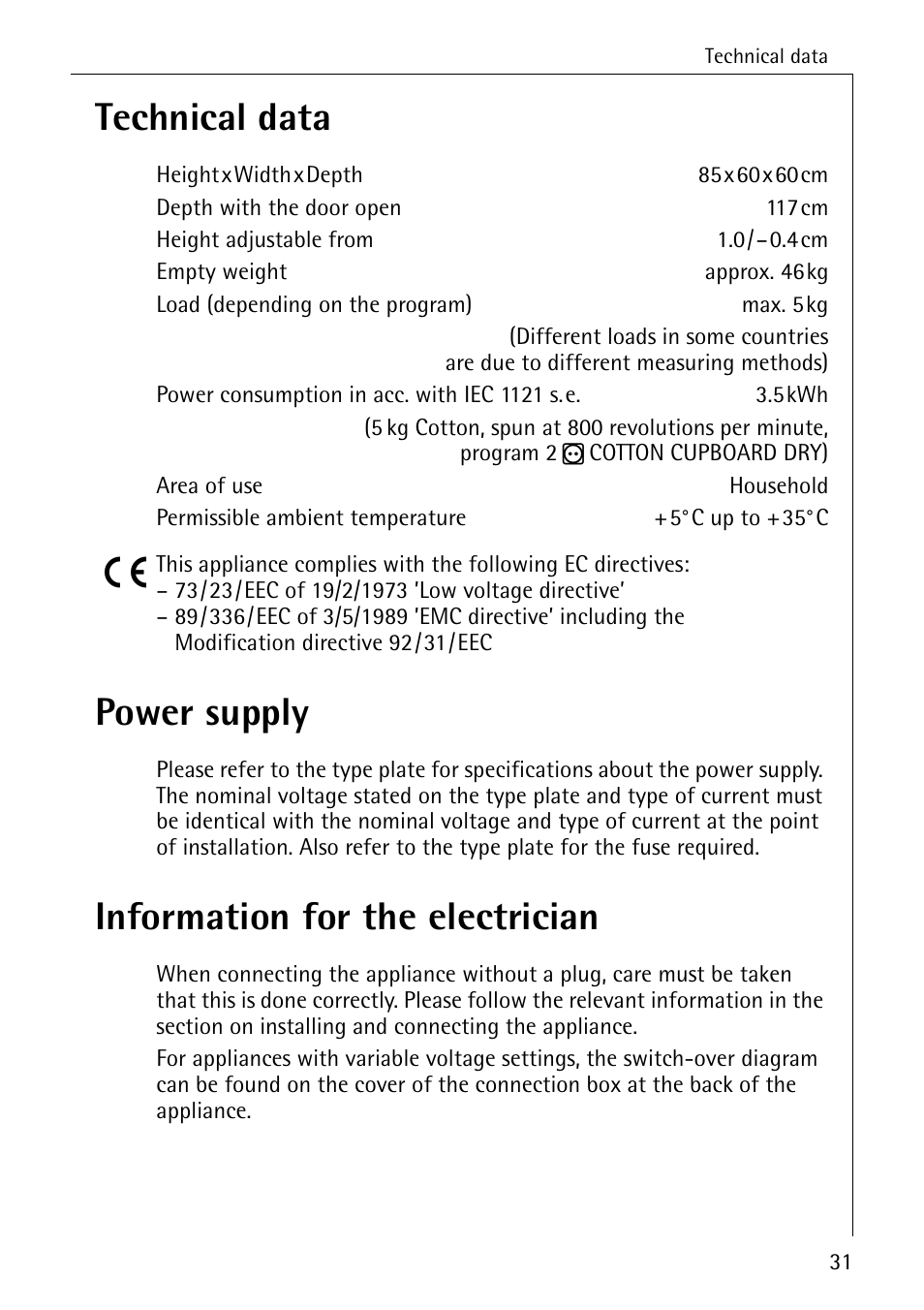 Technical data, Power supply, Information for the electrician | AEG LAVATHERM 56609 User Manual | Page 31 / 36