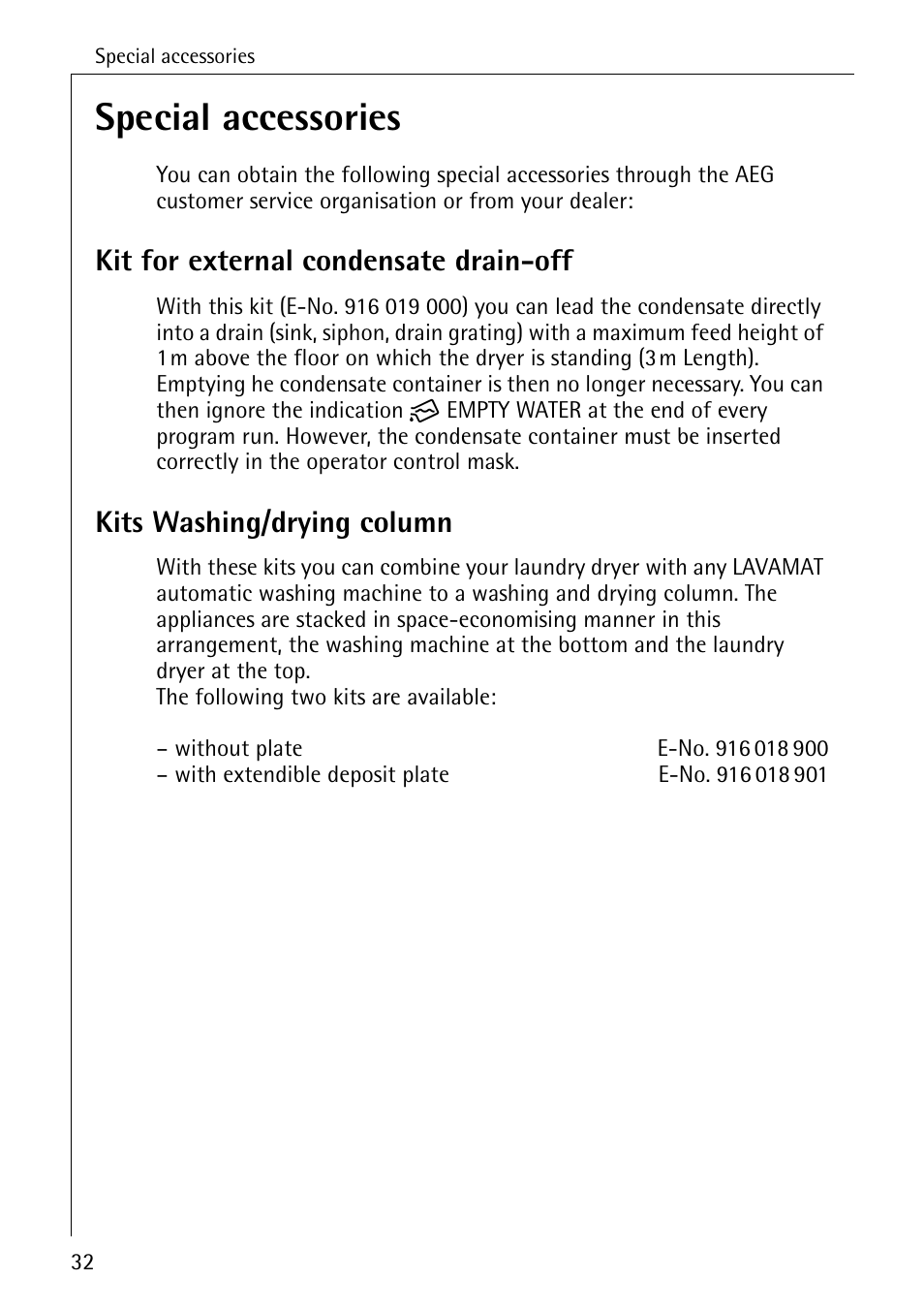 Special accessories, Kit for external condensate drain-off, Kits washing/drying column | AEG LAVATHERM 56609 User Manual | Page 32 / 36