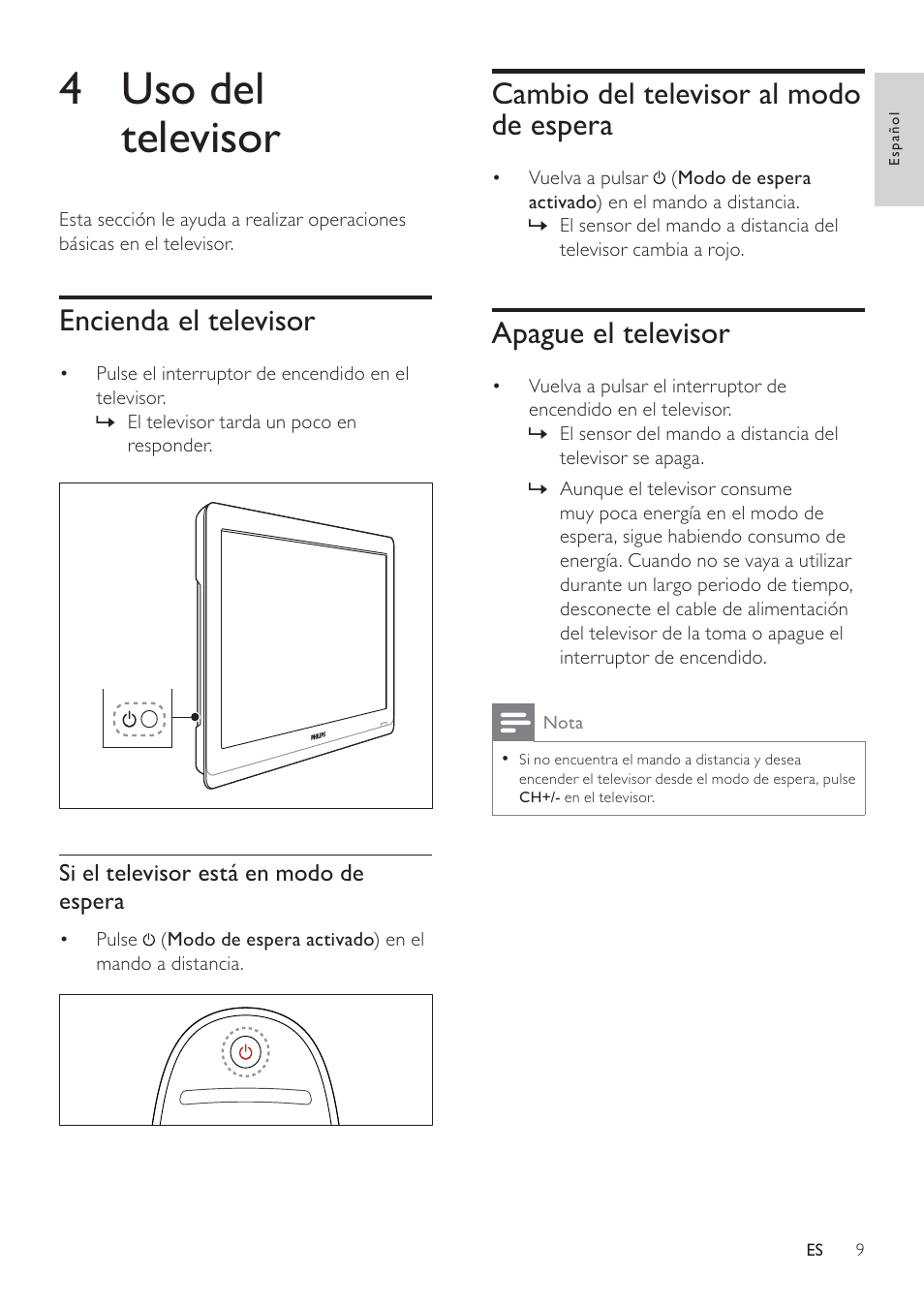 4 uso del televisor | Philips Televisor LCD profesional User Manual | Page 11 / 47