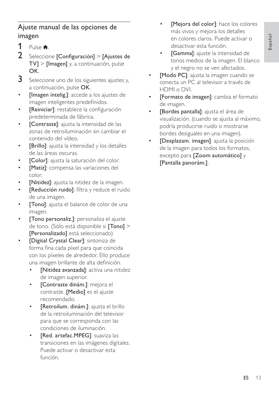 Ajuste manual de las opciones de imagen | Philips Televisor LCD profesional User Manual | Page 15 / 47