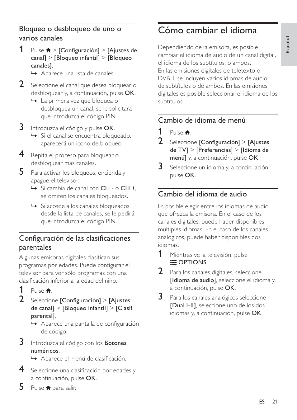 Cómo cambiar el idioma | Philips Televisor LCD profesional User Manual | Page 23 / 47