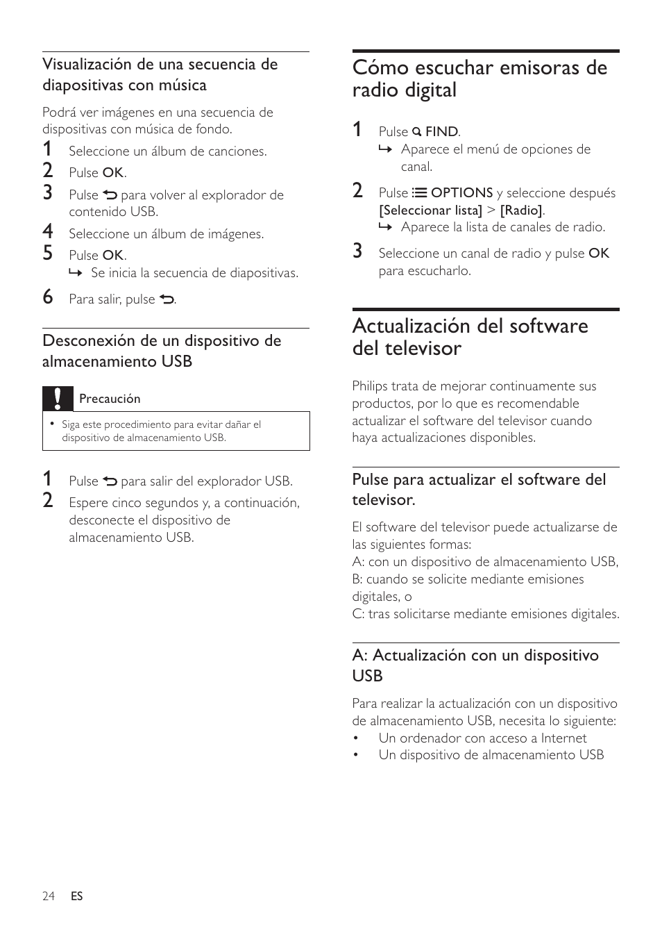 Cómo escuchar emisoras de radio digital 1, Actualización del software del televisor | Philips Televisor LCD profesional User Manual | Page 26 / 47