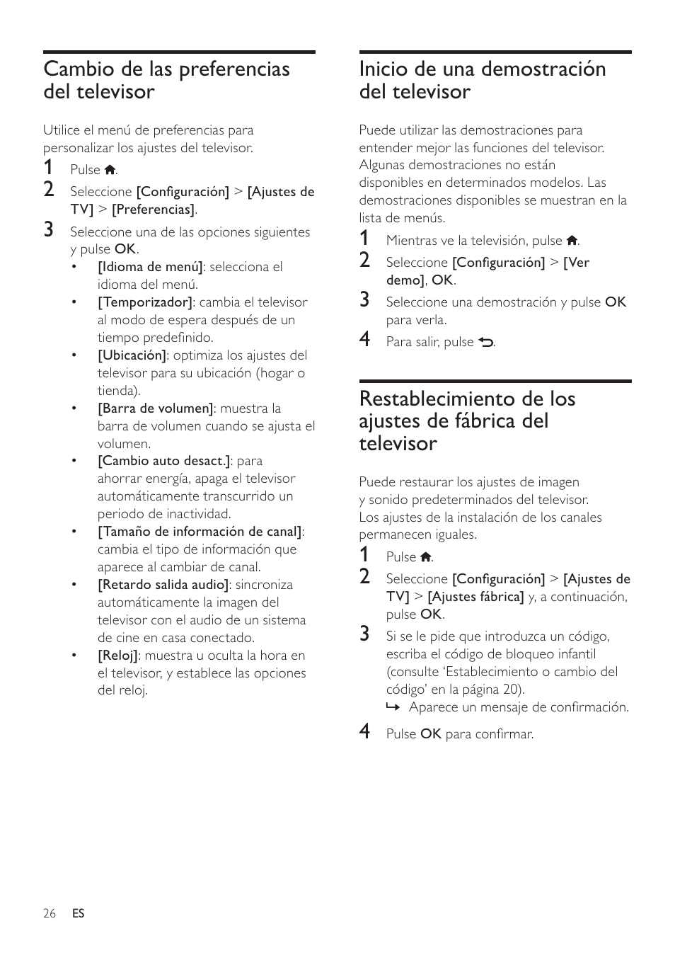 Inicio de una demostración del televisor, Cambio de las preferencias del televisor | Philips Televisor LCD profesional User Manual | Page 28 / 47