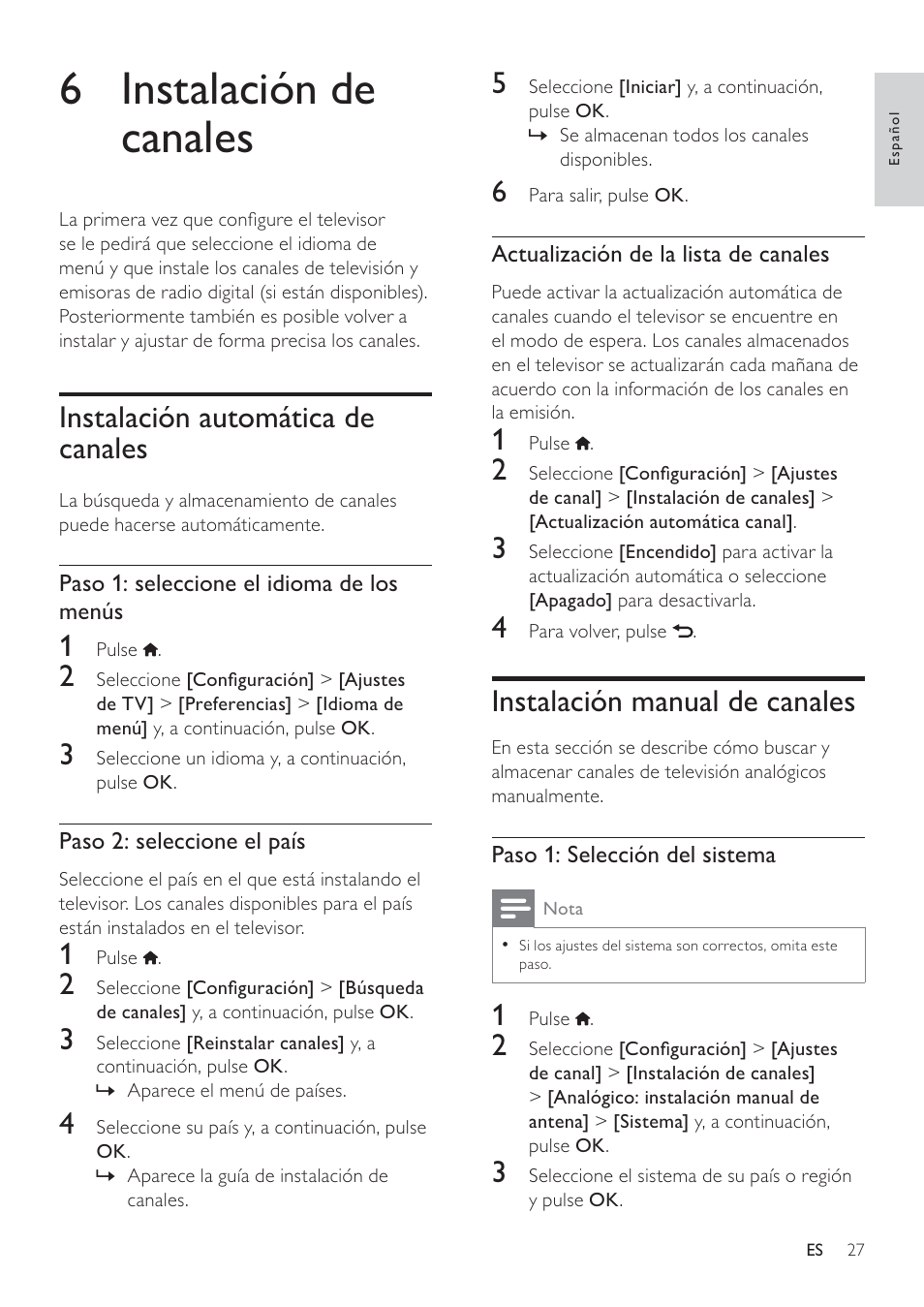 6 instalación de canales, Instalación manual de canales, Instalación automática de canales | Philips Televisor LCD profesional User Manual | Page 29 / 47