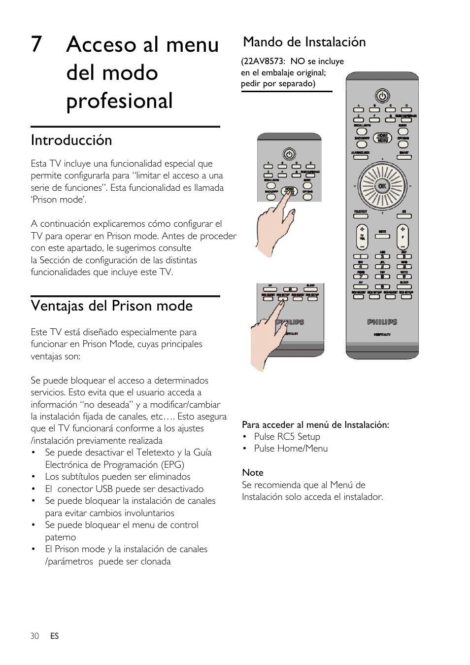 Acceso al menu del modo profesional, Introducción, Ventajas del prison mode | Mando de instalación | Philips Televisor LCD profesional User Manual | Page 32 / 47