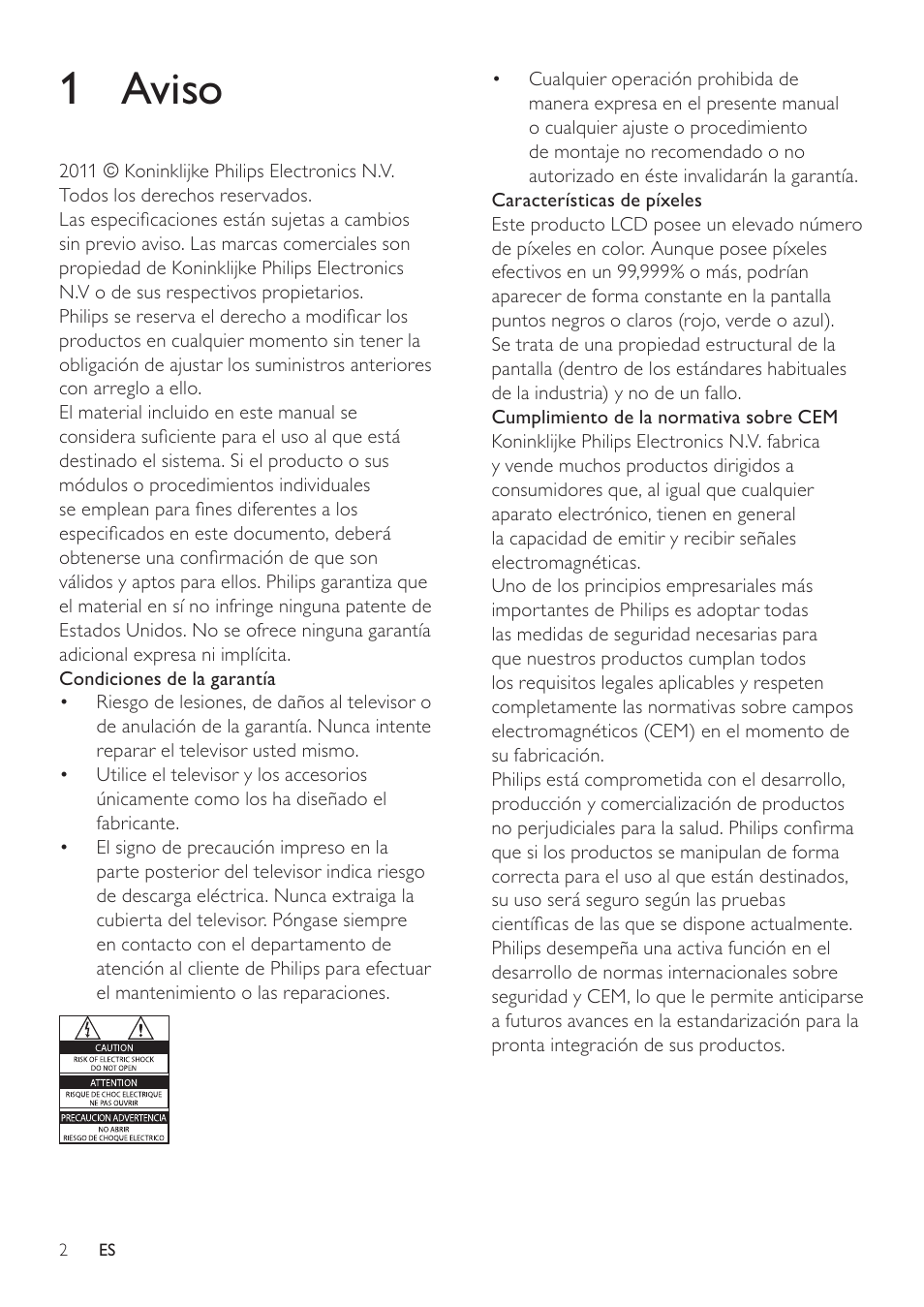 1 aviso | Philips Televisor LCD profesional User Manual | Page 4 / 47