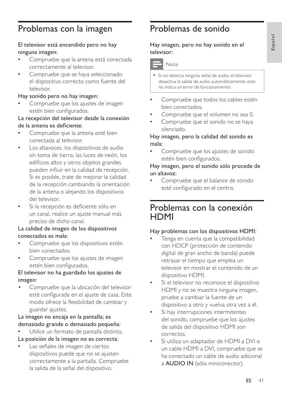 Problemas de sonido, Problemas con la conexión hdmi, Problemas con la imagen | Philips Televisor LCD profesional User Manual | Page 43 / 47