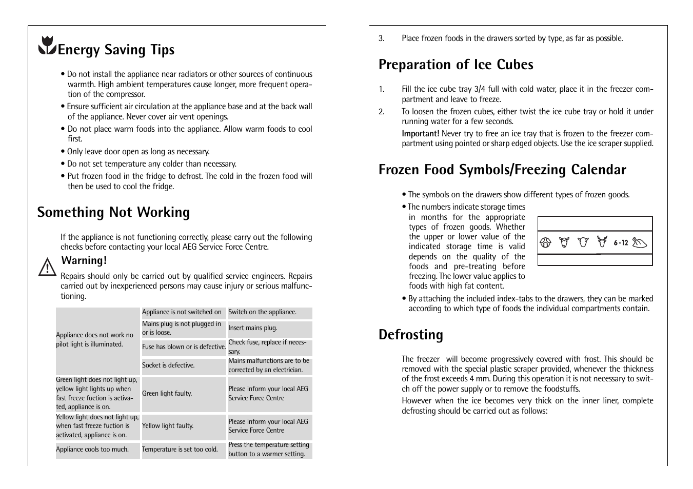 Preparation of ice cubes, Frozen food symbols/freezing calendar, Defrosting | Energy saving tips, Something not working | AEG ARCTIS G 8 88 50 I User Manual | Page 11 / 12