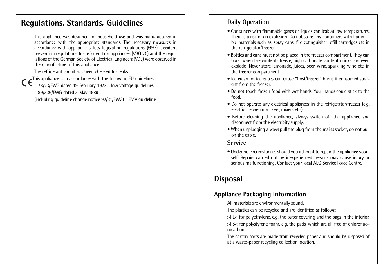 Disposal, Regulations, standards, guidelines | AEG ARCTIS G 8 88 50 I User Manual | Page 5 / 12