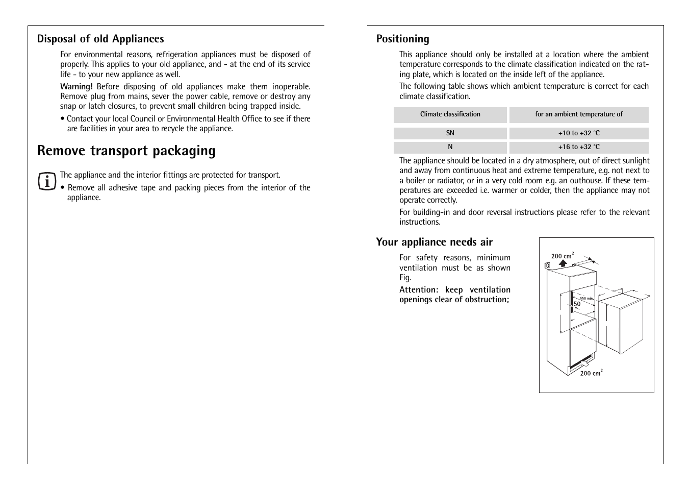 Remove transport packaging, Disposal of old appliances, Your appliance needs air | Positioning | AEG ARCTIS G 8 88 50 I User Manual | Page 6 / 12