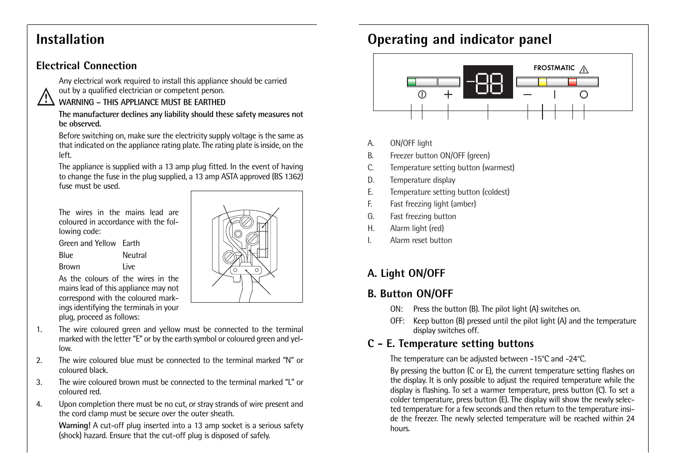 Operating and indicator panel, Installation, A. light on/off b. button on/off | C - e. temperature setting buttons, Electrical connection | AEG ARCTIS G 8 88 50 I User Manual | Page 7 / 12