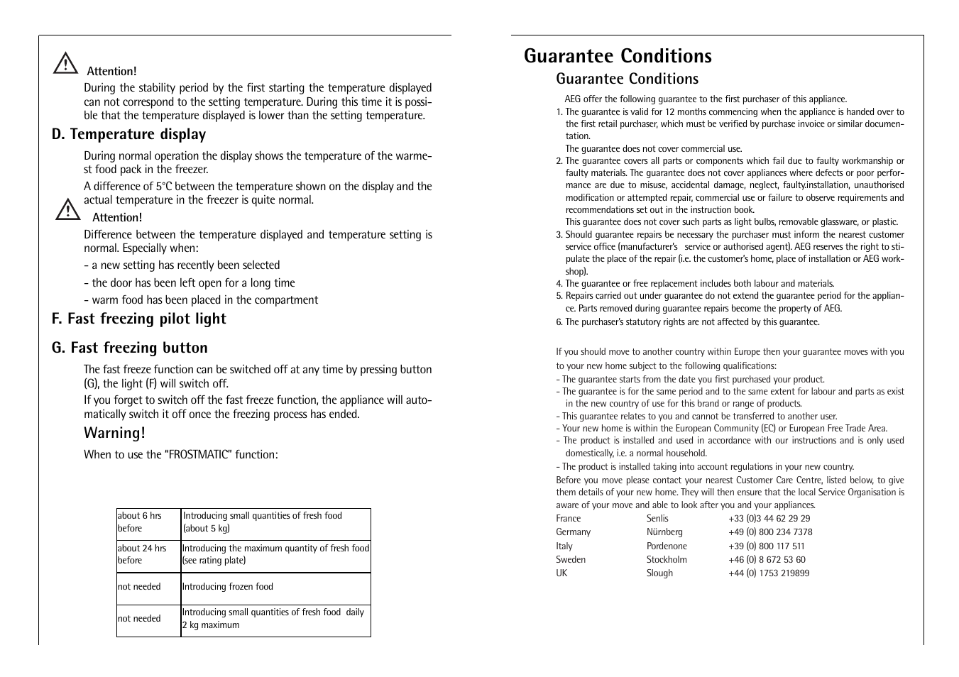 Guarantee conditions, D. temperature display, Warning | AEG ARCTIS G 8 88 50 I User Manual | Page 8 / 12