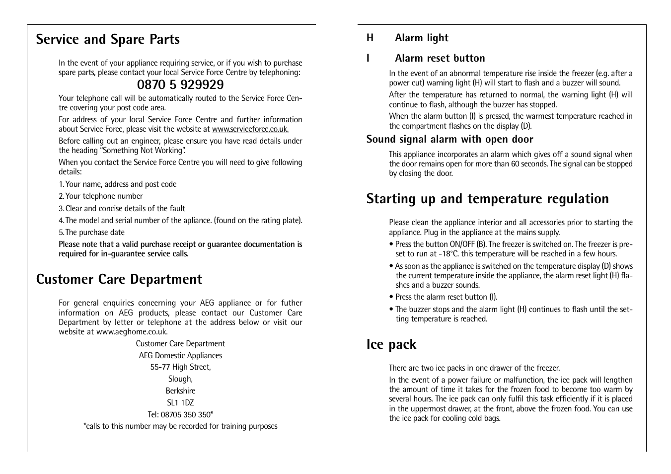 Starting up and temperature regulation, Ice pack, Service and spare parts | Customer care department | AEG ARCTIS G 8 88 50 I User Manual | Page 9 / 12