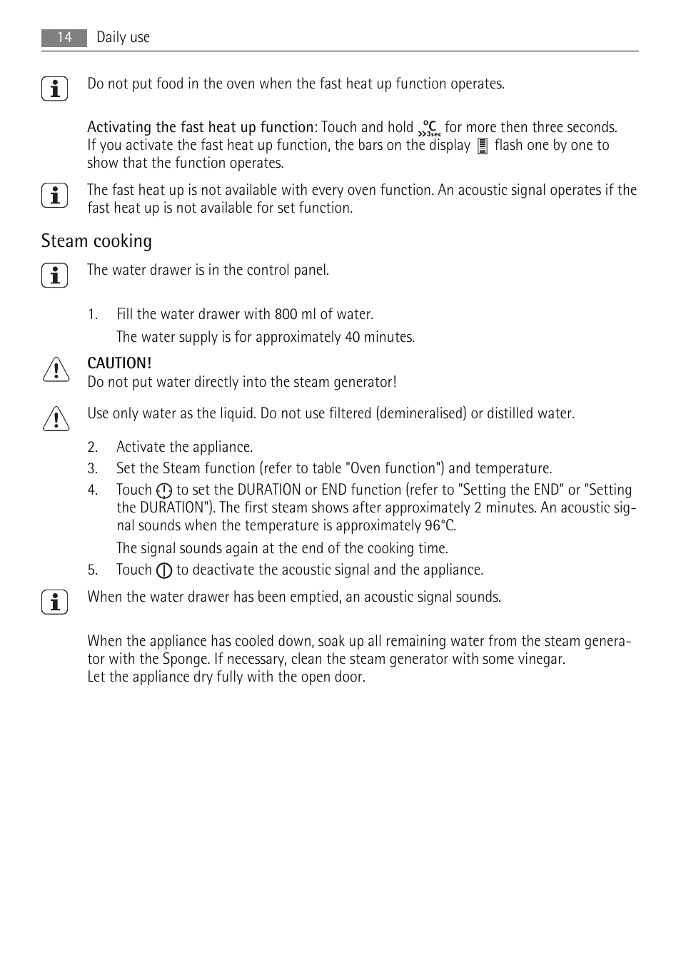 Steam cooking | AEG BS7304001 User Manual | Page 14 / 32
