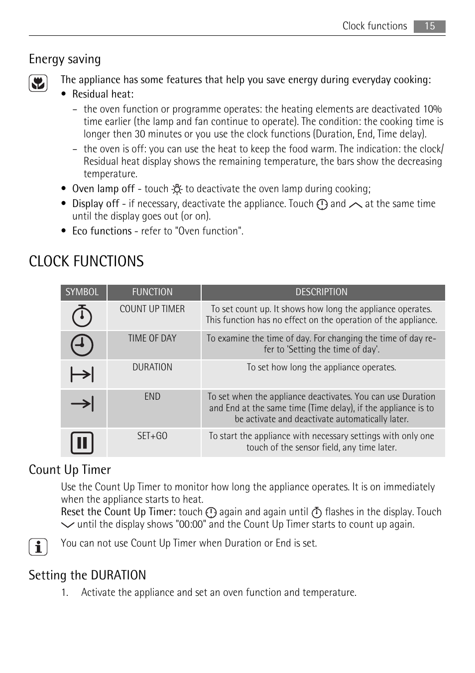 Clock functions, Energy saving, Count up timer | Setting the duration | AEG BS7304001 User Manual | Page 15 / 32