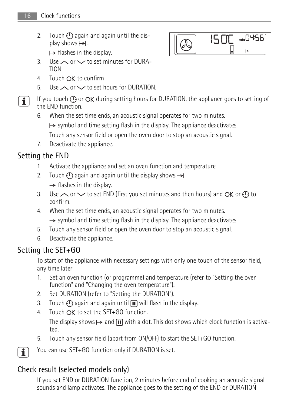 Setting the end, Setting the set+go, Check result (selected models only) | AEG BS7304001 User Manual | Page 16 / 32