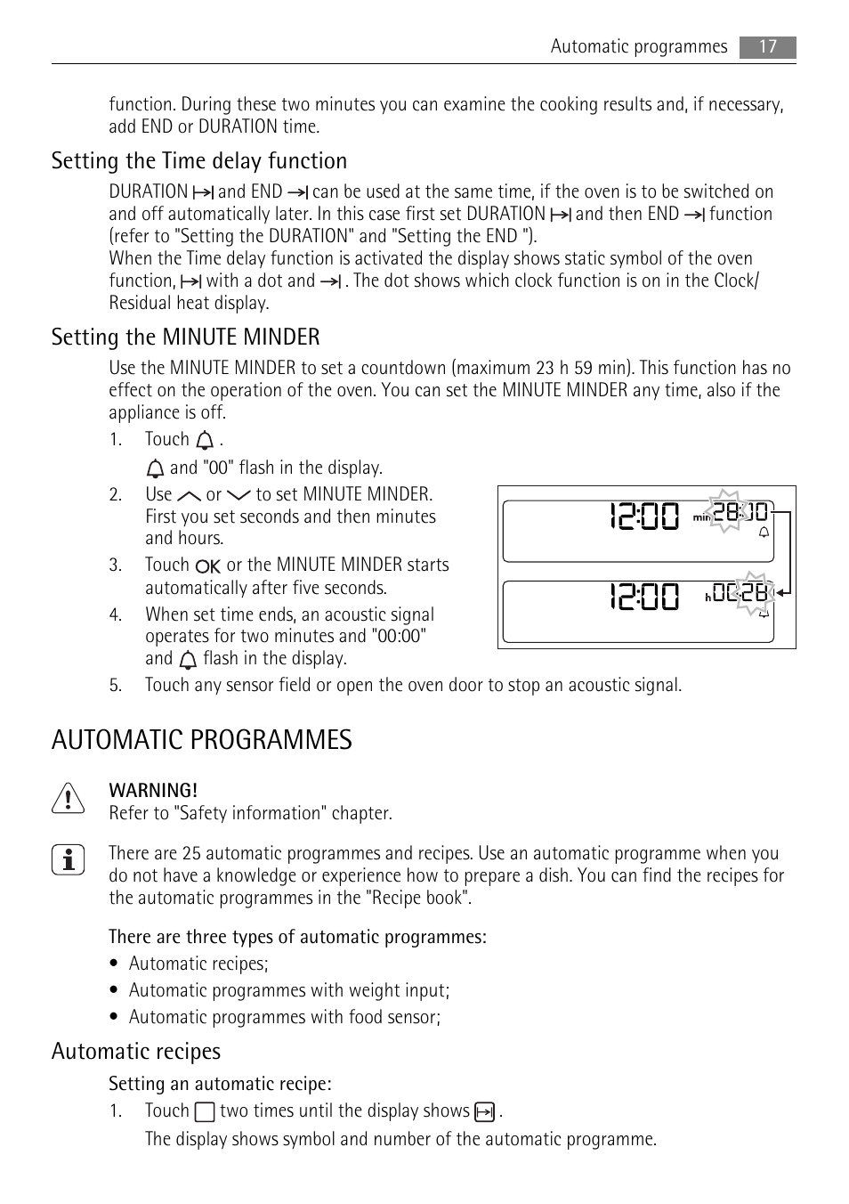 Automatic programmes, Setting the time delay function, Setting the minute minder | Automatic recipes | AEG BS7304001 User Manual | Page 17 / 32