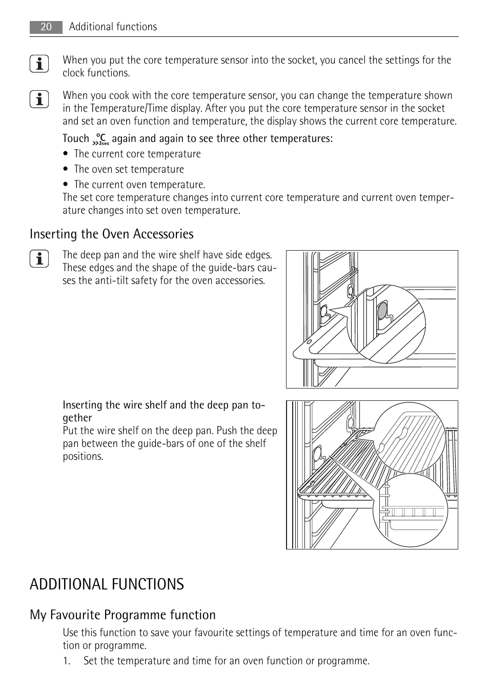 Additional functions, Inserting the oven accessories, My favourite programme function | AEG BS7304001 User Manual | Page 20 / 32