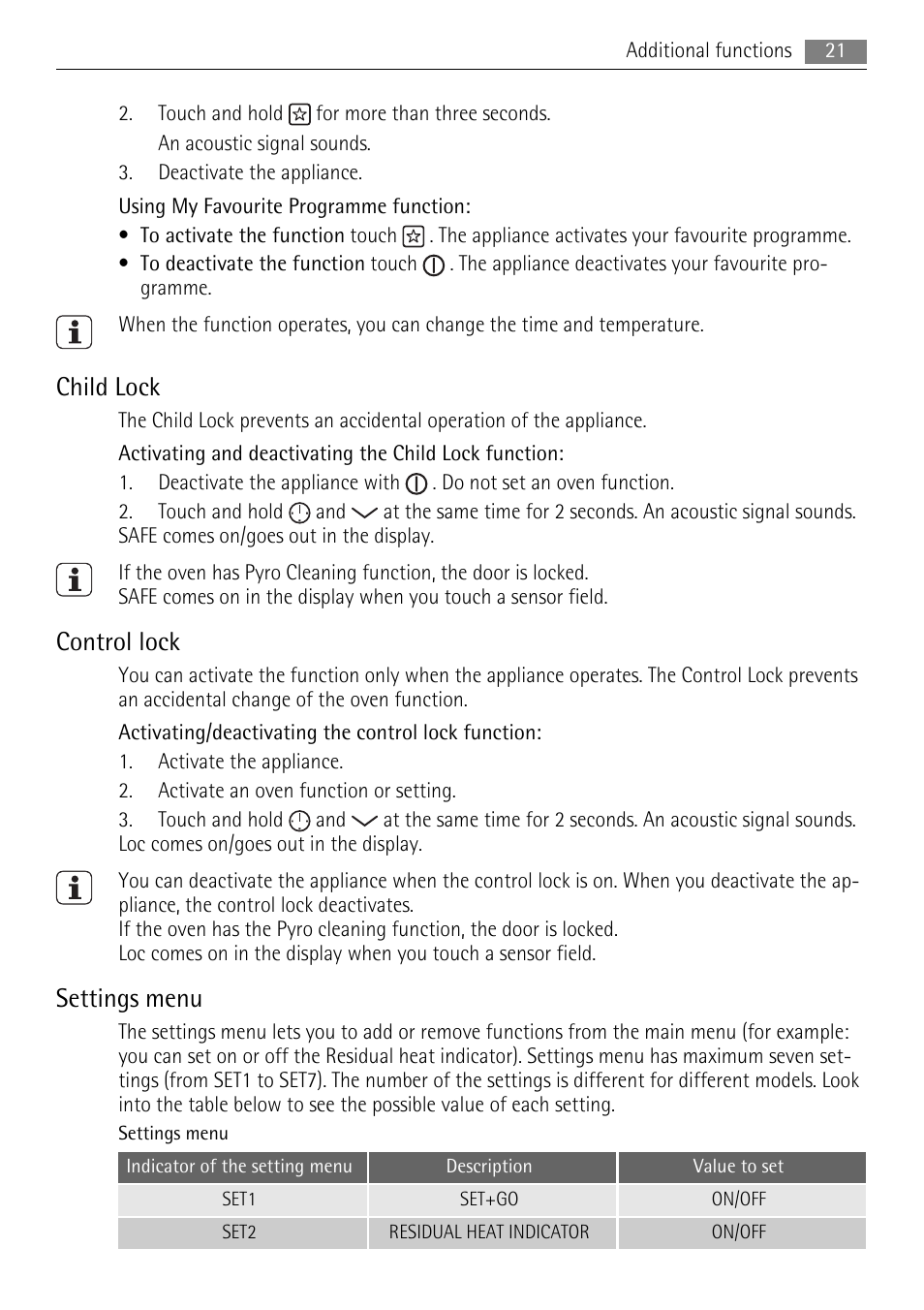 Child lock, Control lock, Settings menu | AEG BS7304001 User Manual | Page 21 / 32