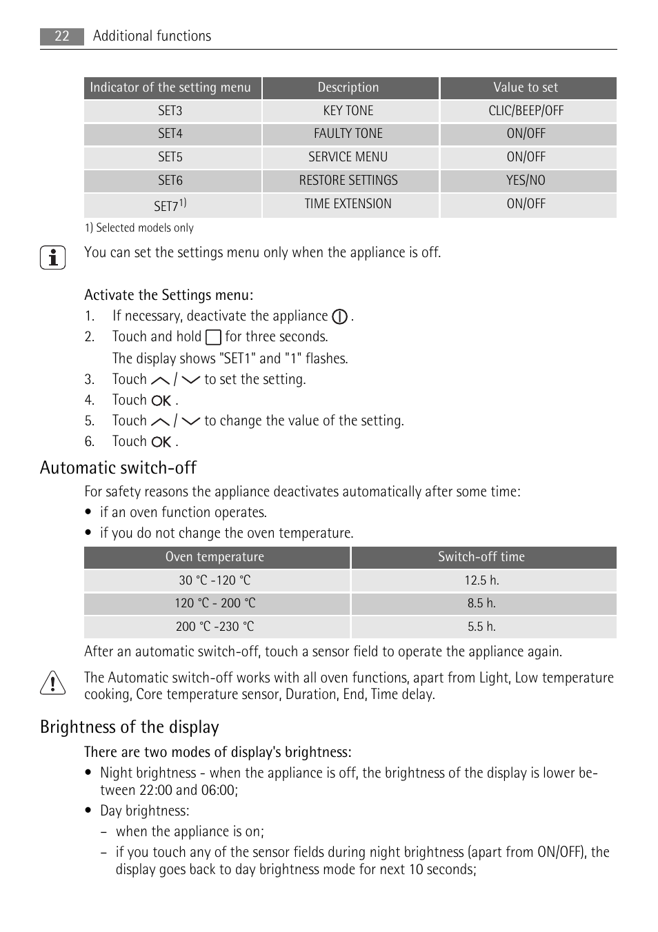 Automatic switch-off, Brightness of the display | AEG BS7304001 User Manual | Page 22 / 32