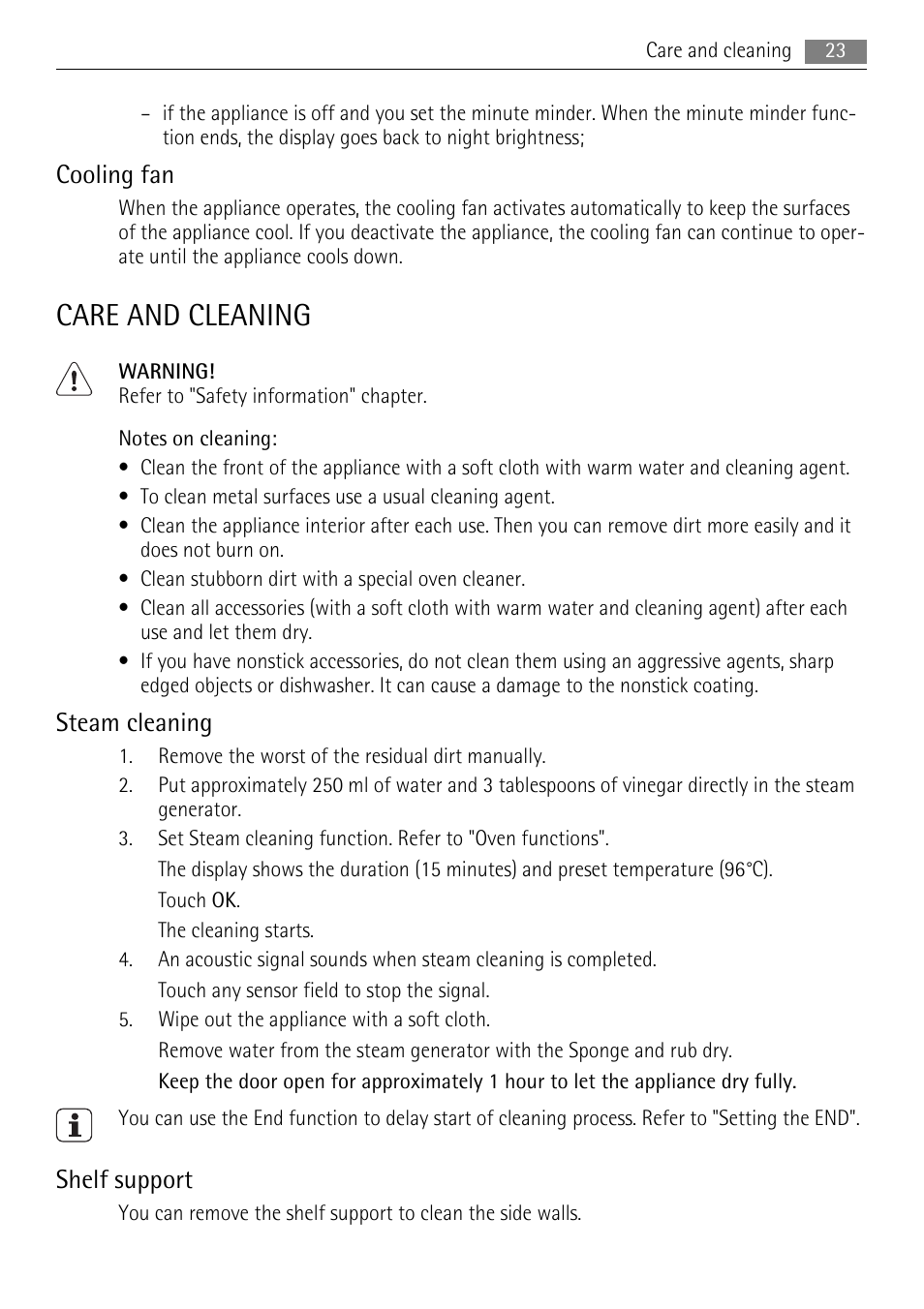 Care and cleaning, Cooling fan, Steam cleaning | Shelf support | AEG BS7304001 User Manual | Page 23 / 32