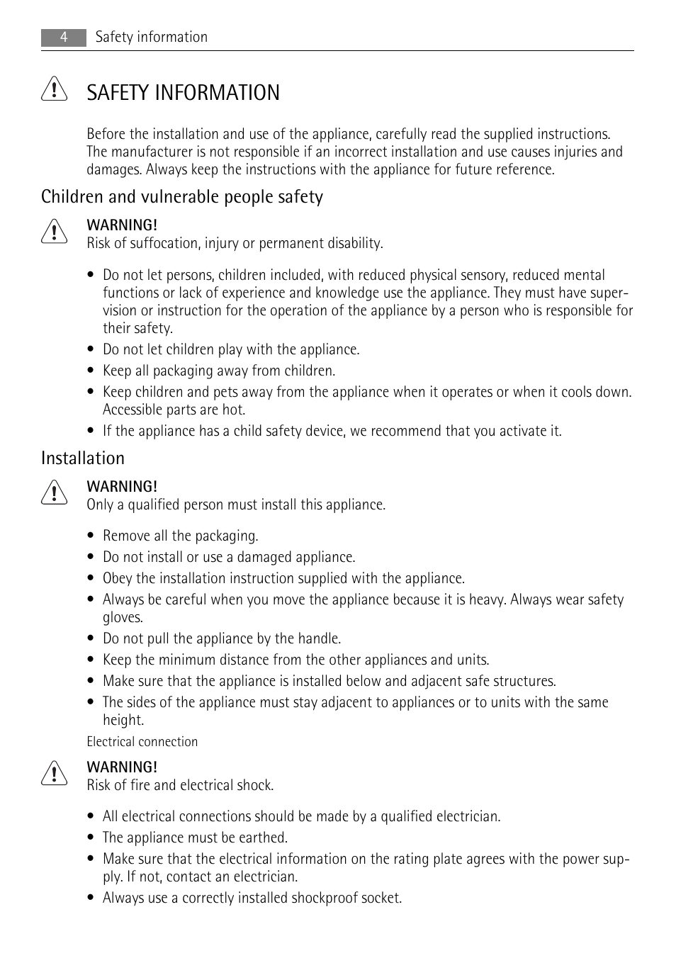 Safety information, Children and vulnerable people safety, Installation | AEG BS7304001 User Manual | Page 4 / 32