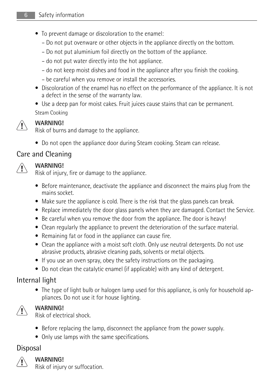 Care and cleaning, Internal light, Disposal | AEG BS7304001 User Manual | Page 6 / 32