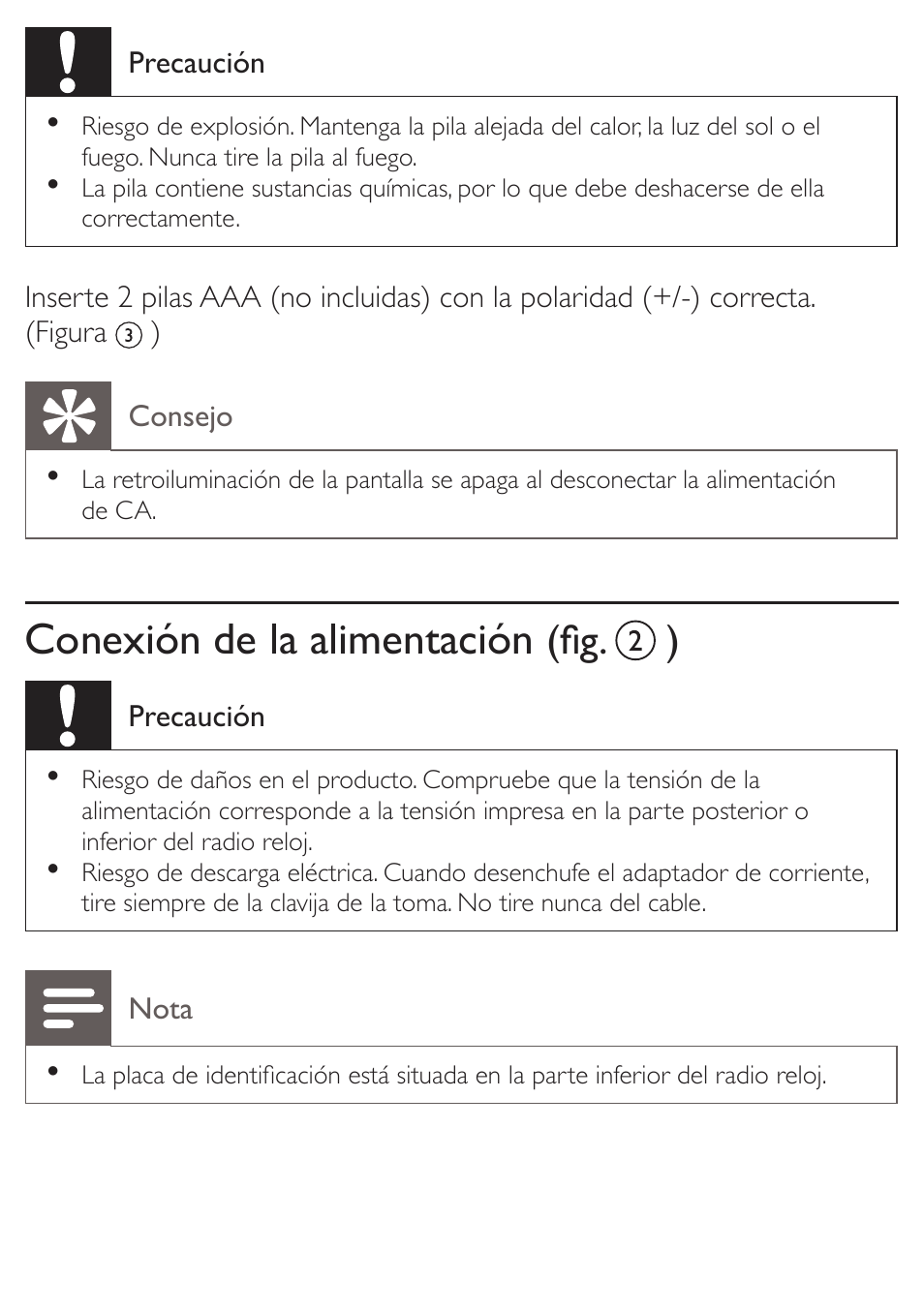 Conexión de la alimentación, Fig. ) | Philips Radio reloj con sintonización digital User Manual | Page 10 / 19