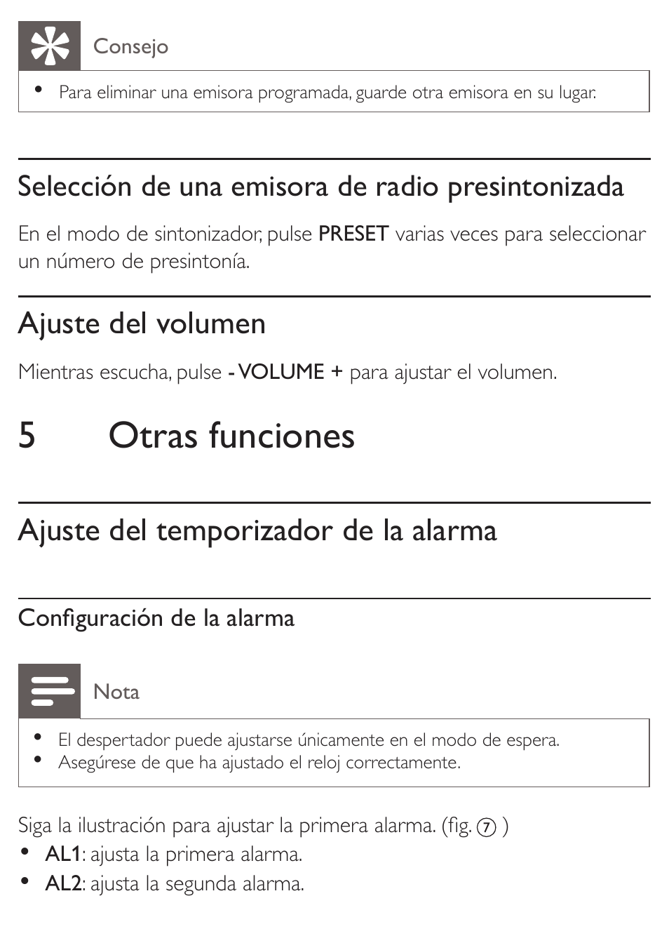 5otras funciones, Ajuste del volumen, Ajuste del temporizador de la alarma | Selección de una emisora de radio presintonizada | Philips Radio reloj con sintonización digital User Manual | Page 12 / 19