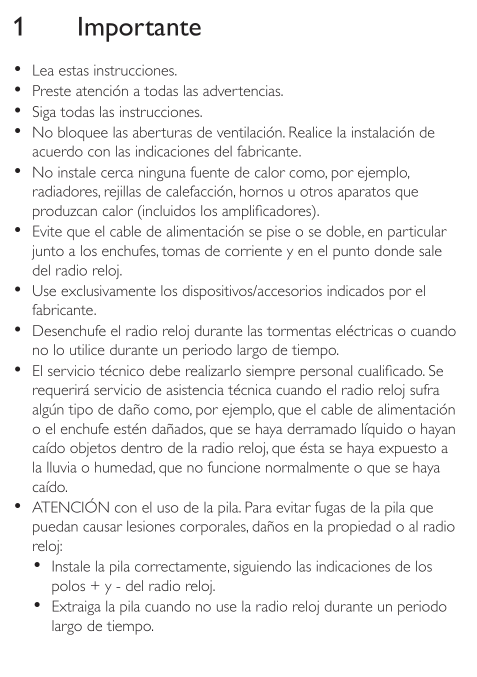 1 importante | Philips Radio reloj con sintonización digital User Manual | Page 8 / 19