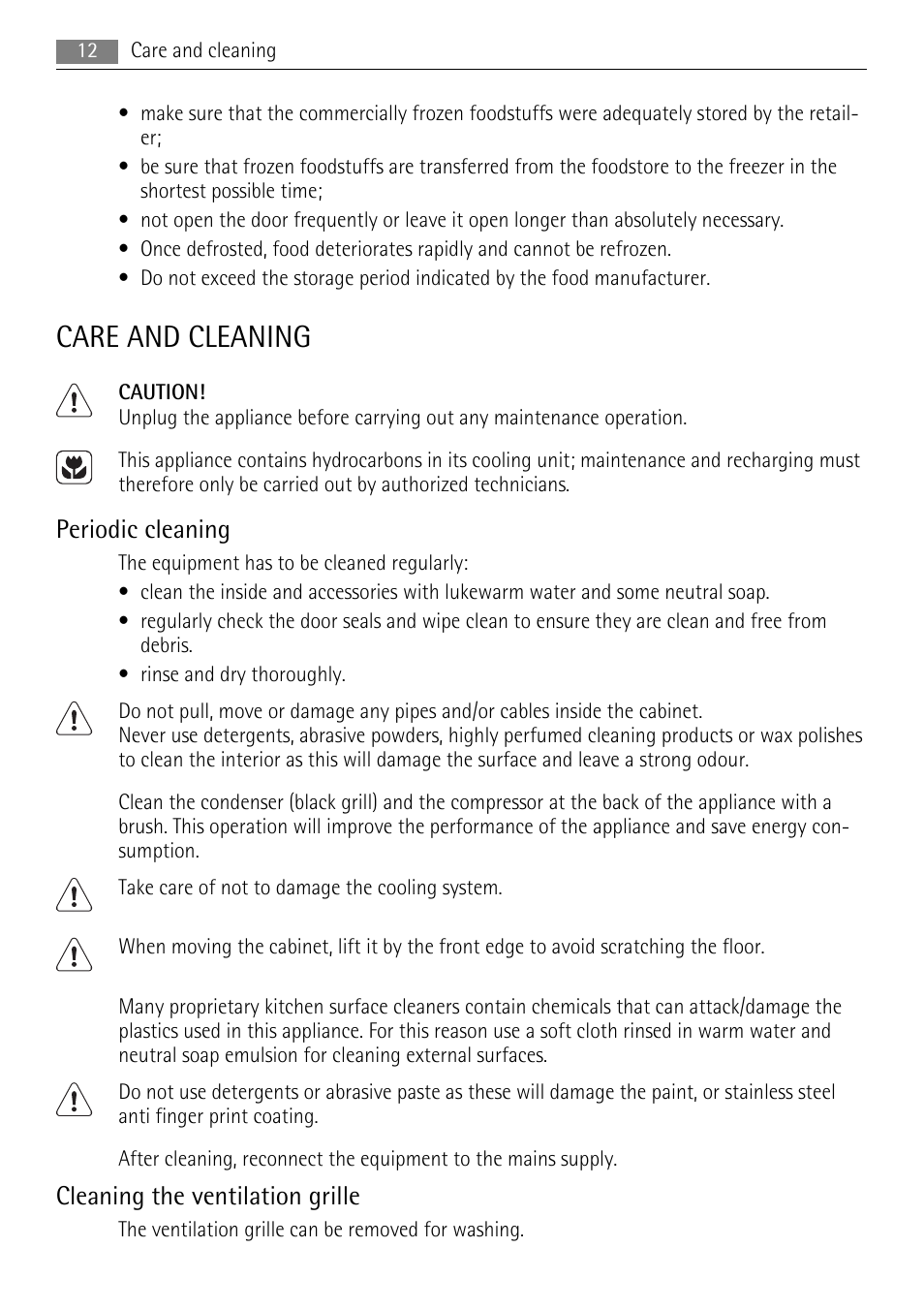 Care and cleaning, Periodic cleaning, Cleaning the ventilation grille | AEG A73100GNW0 User Manual | Page 12 / 24