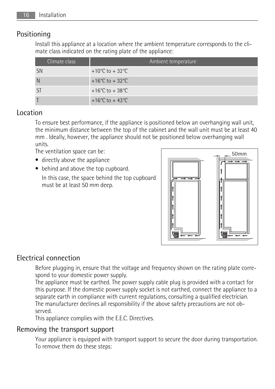 Positioning, Location, Electrical connection | Removing the transport support | AEG A73100GNW0 User Manual | Page 16 / 24