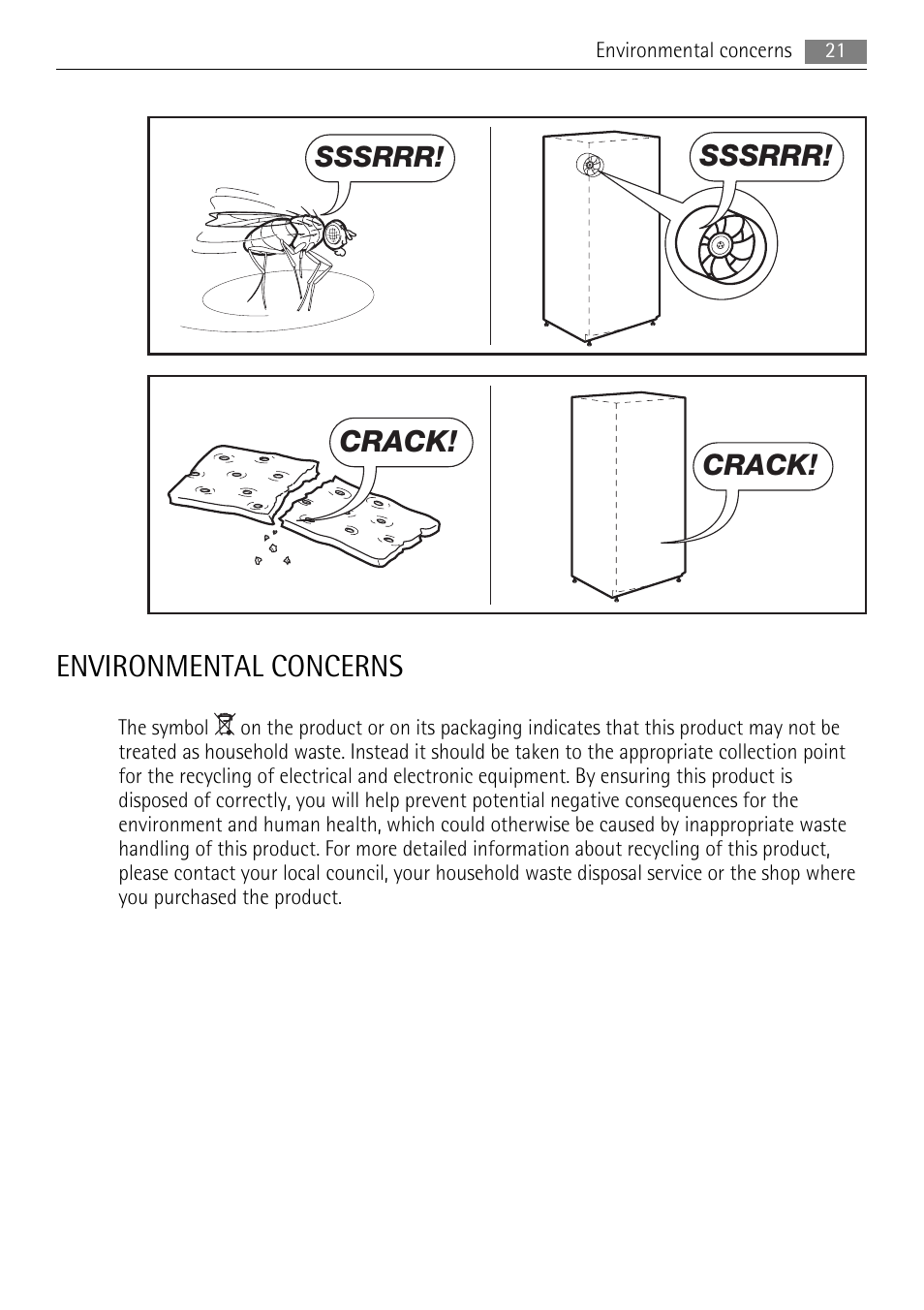 Environmental concerns, Sssrrr, Crack | AEG A73100GNW0 User Manual | Page 21 / 24