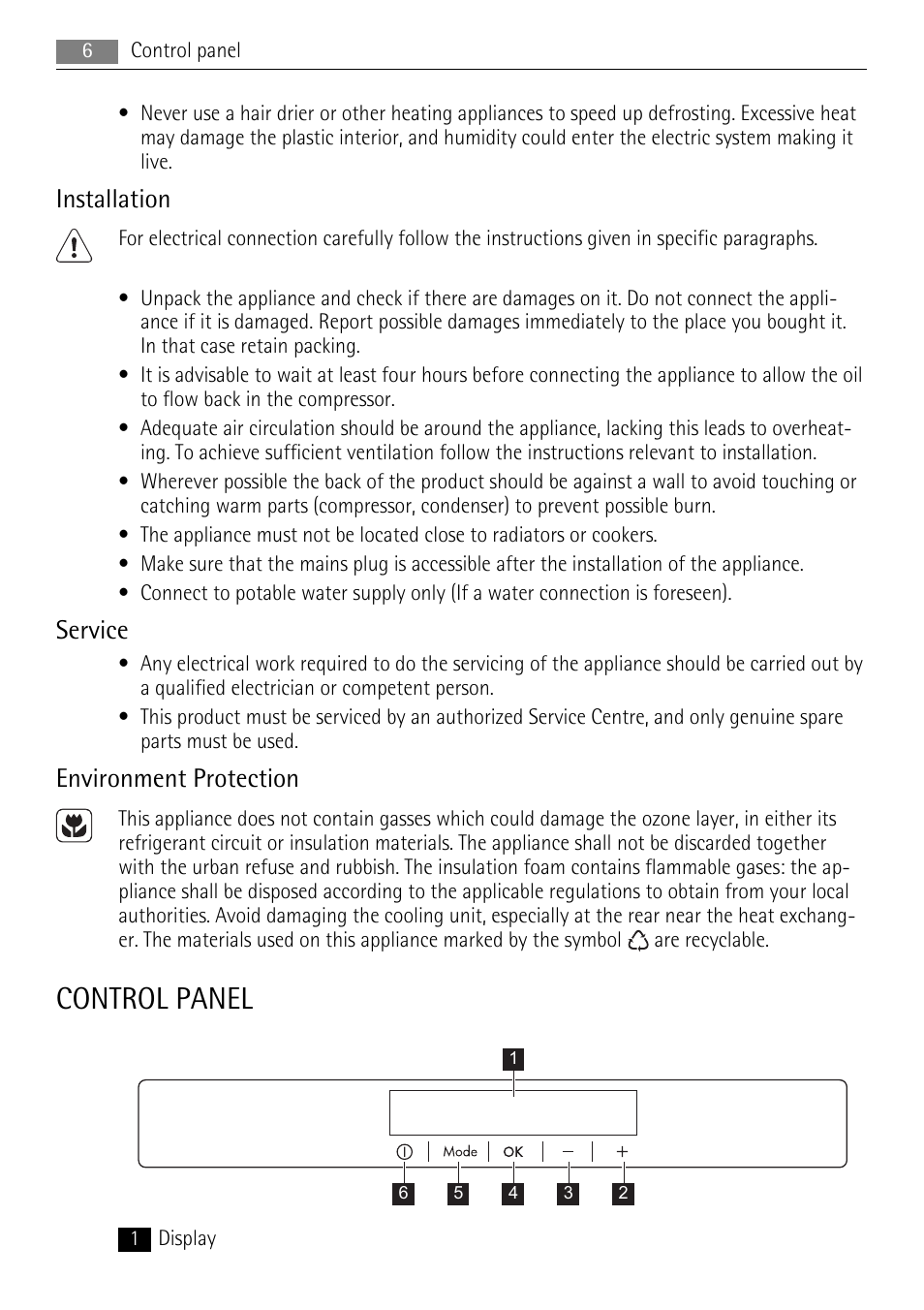 Control panel, Installation, Service | Environment protection | AEG A73100GNW0 User Manual | Page 6 / 24
