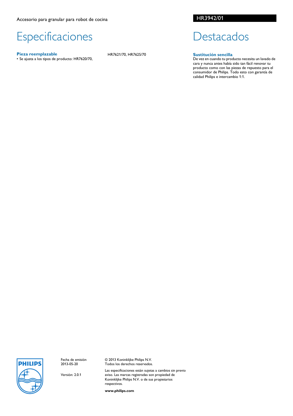 Especificaciones, Destacados | Philips Daily Collection Accesorio para granular para robot de cocina User Manual | Page 2 / 2