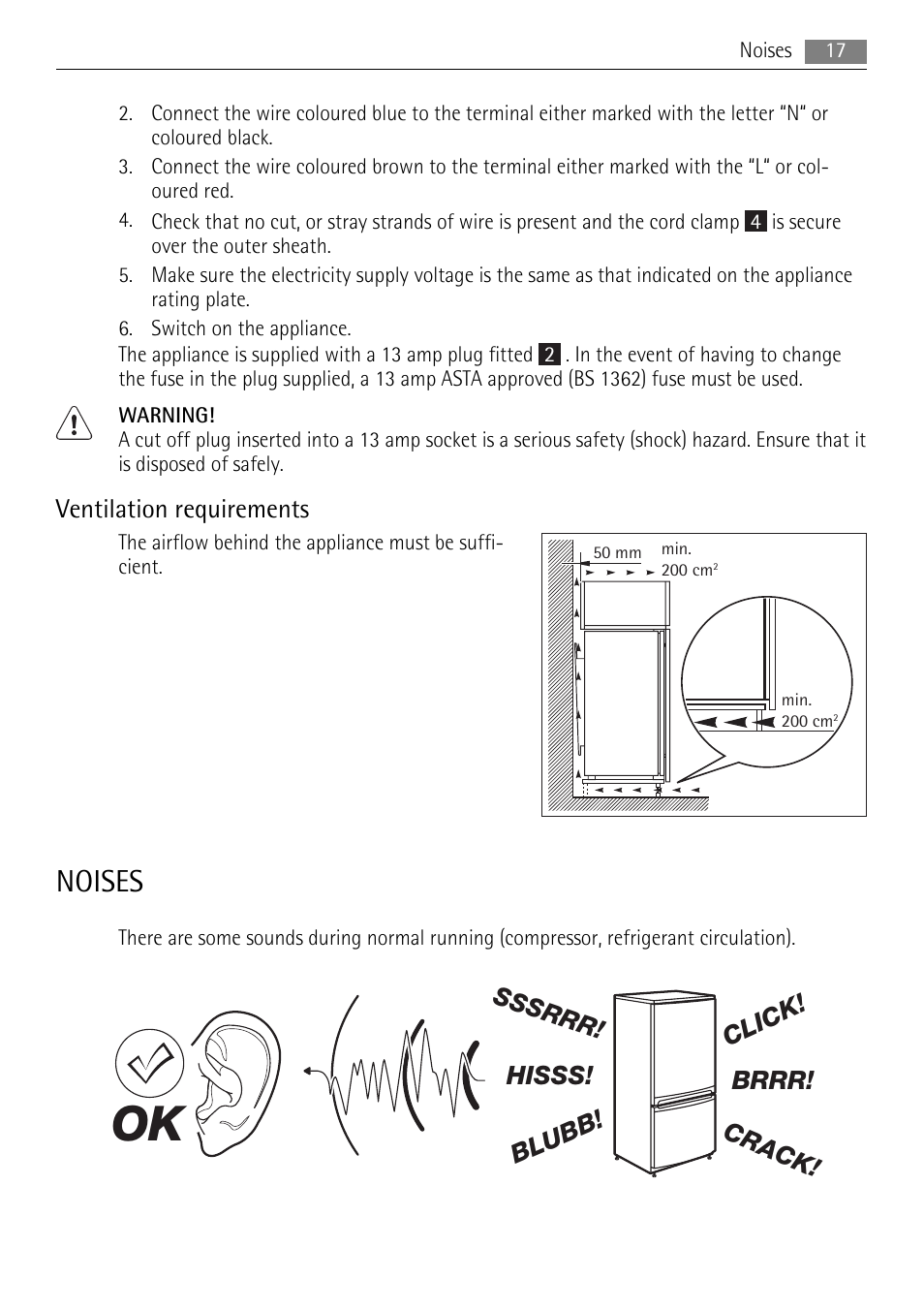 Noises, Ventilation requirements | AEG SKD71800F0 User Manual | Page 17 / 20