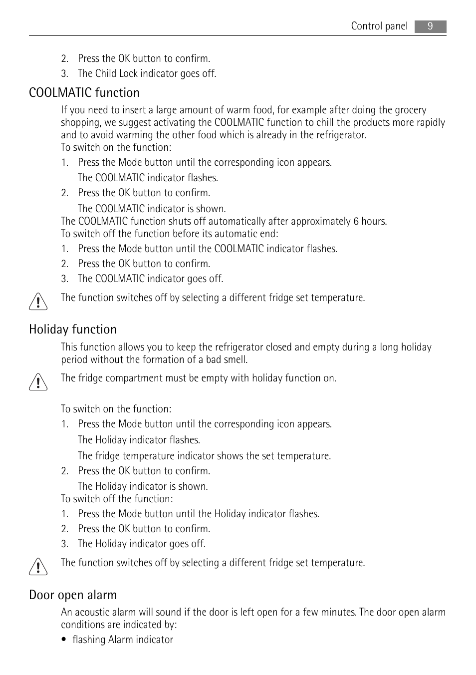 Coolmatic function, Holiday function, Door open alarm | AEG SKD71800F0 User Manual | Page 9 / 20