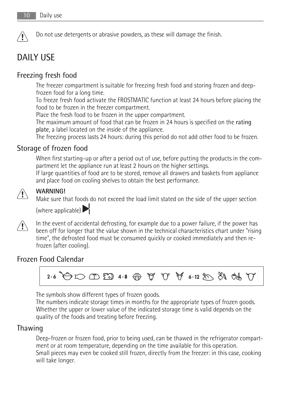 Daily use, Freezing fresh food, Storage of frozen food | Frozen food calendar, Thawing | AEG SCT71900S0 User Manual | Page 10 / 28